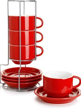 Stackable Porcelain Cappuccino Cups Set of 4 with Saucers & Metal Stand - Red